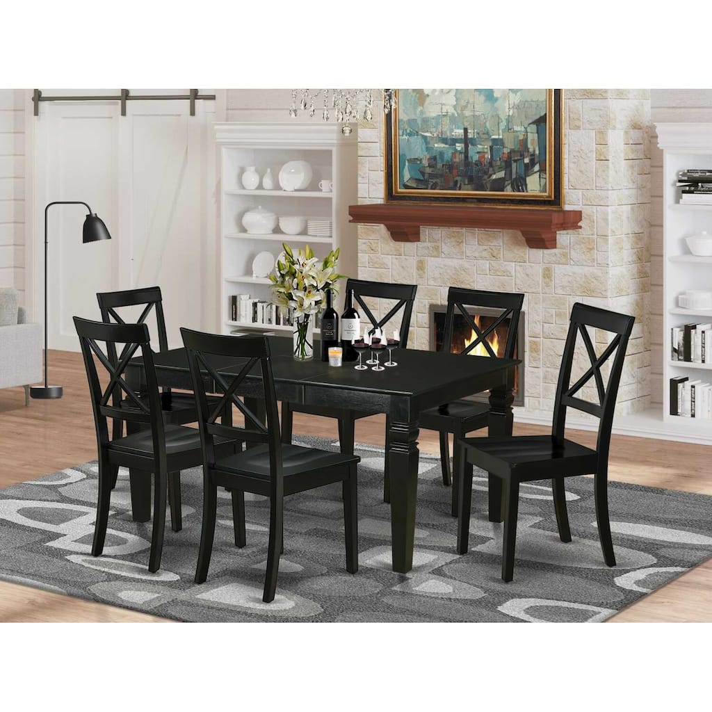 HomeStock 7-Piece Rectangle Black Finish Solid Wood Top Dining Table with 6-Chairs with Lattice Back