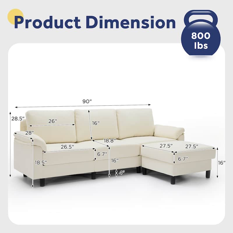 90" L-Shaped Chenille Upholstered 3-Seater Sofa Couch Sectional Sofa with Ottoman