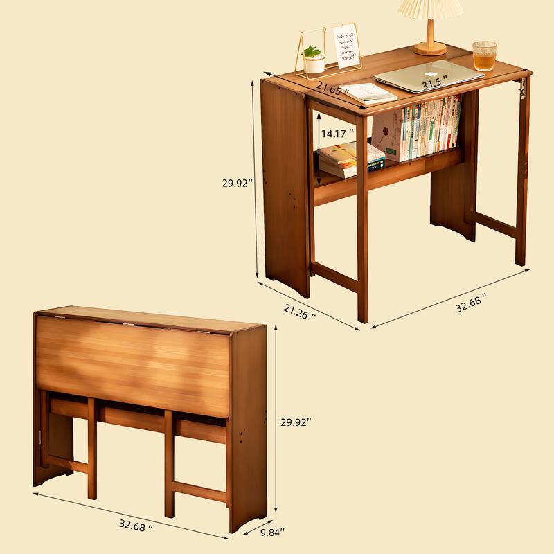Anmytek Brown Bamboo Folding Computer Desk Space Saving Foldable Study Table for Home Office