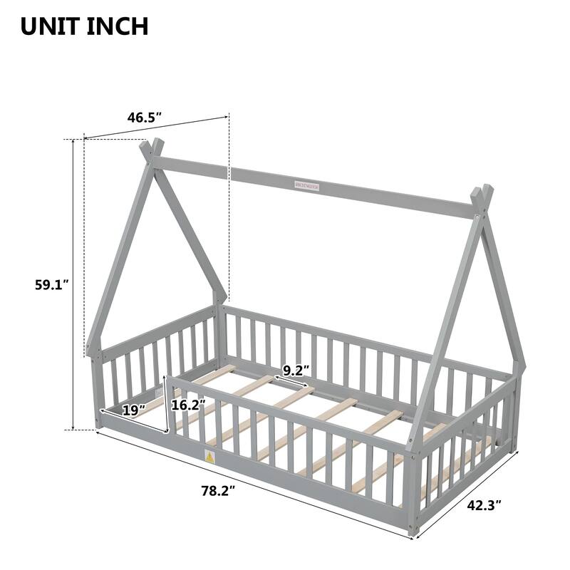 Twin Tent-shaped Floor Bed with Guardrails