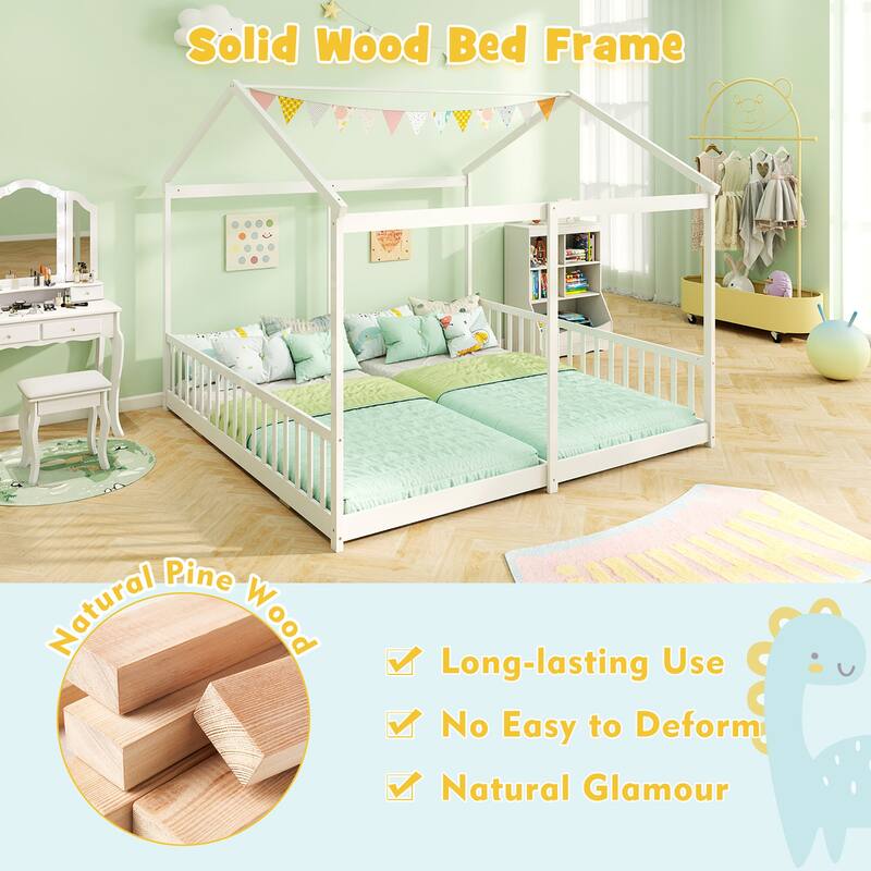Gymax Double Floor Bed w/ Safety Guardrails No Box Spring Needed for