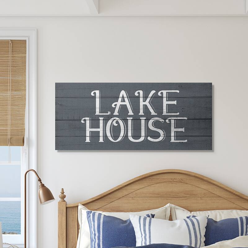 Stupell Lake House Sign Blue White Planked Look Canvas Wall Art