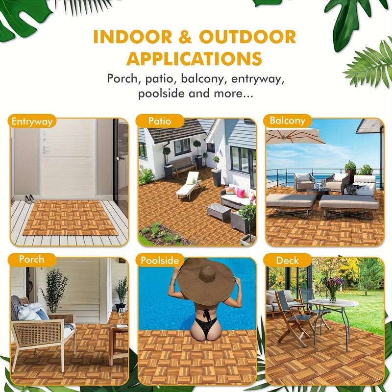 27pcs Deck Tiles - 11.8"x11.8" Interlocking Natural Solid Acacia Wood for Outdoor & Indoor, Patio Garden, Balcony, Poolside