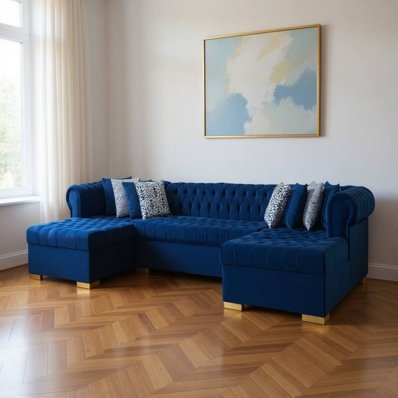 HomeRoots Blue Velvet U Shaped Three Piece Sofa and Chaise Sectional With Toss Pillows - Symmetrical