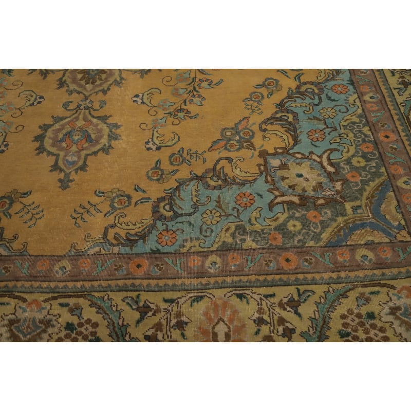 Hand Knotted Oriental 100% Wool Carpet Traditional Floral Yellow & Gold Tabriz Area Rug - 12' 10'' X 9' 10''