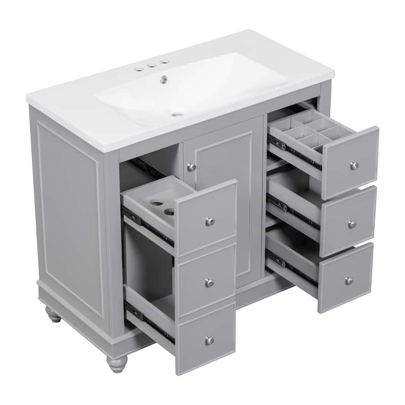 Modern 36-Inch Bathroom Vanity with Resin Integrated Sink, 4 Storage Drawers & Soft-Close Door
