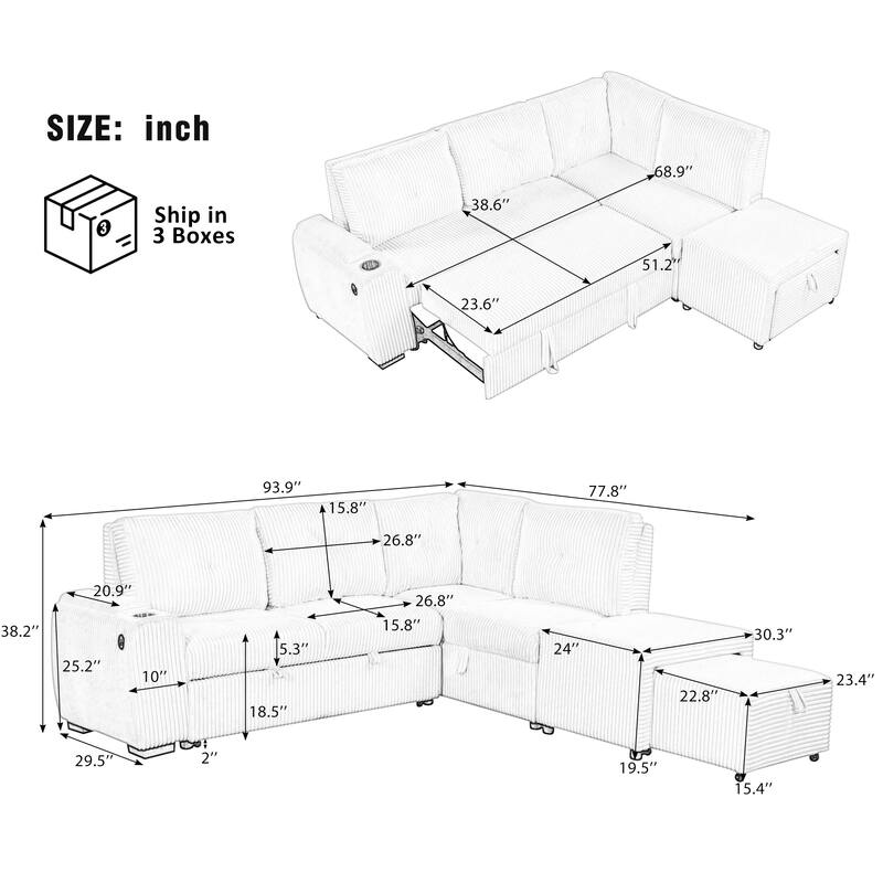 94" L-shaped Sectional Sofa Bed with Ottoman, Storage, Cup Holder & USB Ports (Light Grey Corduroy)