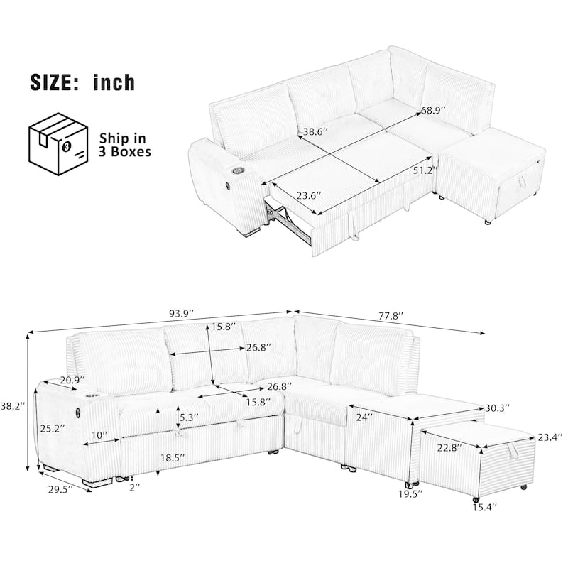 94" Pull-Out L-Shaped Sectional Sofa with Movable Ottoman,Stool,Cup Holder and Two USB Ports