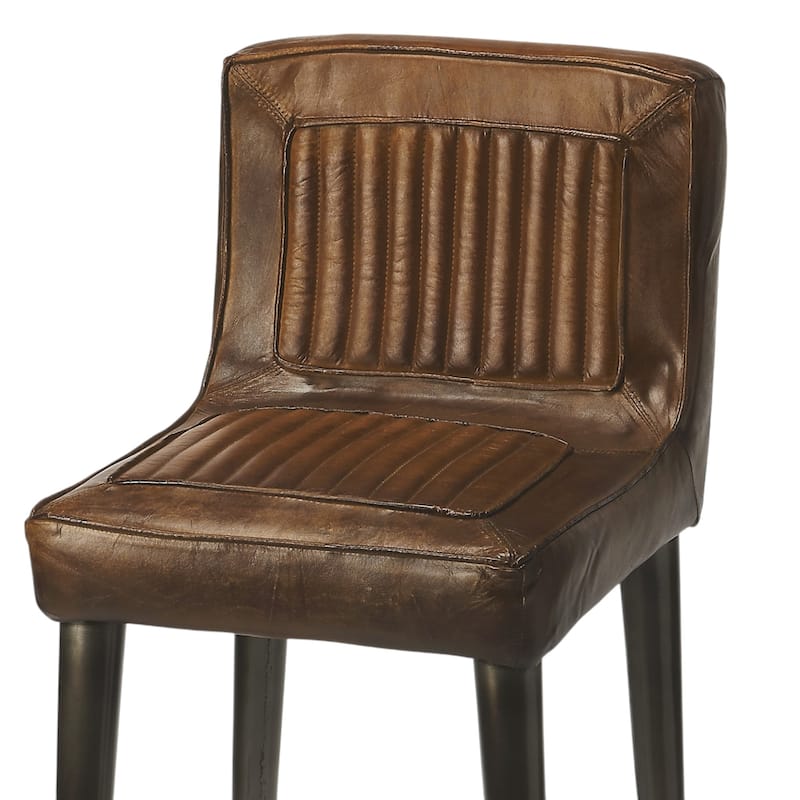 Dark Brown Leather and Wood Bar Chair with Black Iron Frame and Footrest - 15.75” L x 15.75” W x 42” H