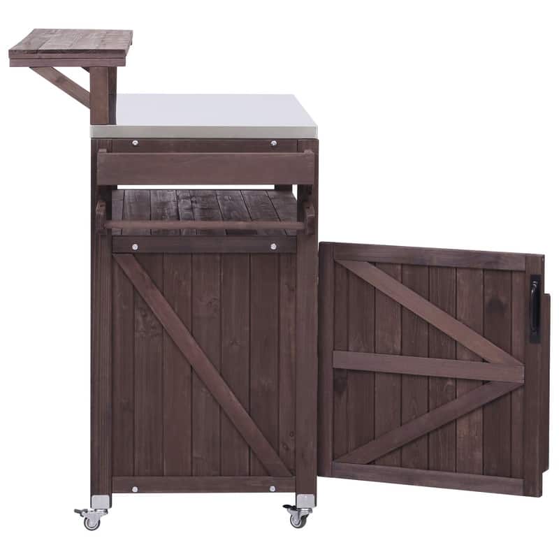 Outdoor Kitchen Island, Solid Wood Storage Cabinet with Stainless Steel Top and Lockable Wheels