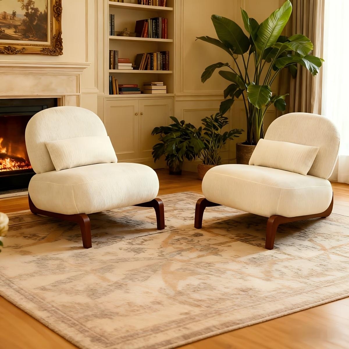 Set of 2 Cute Armless Accent Chairs, Soft Fabric Reading Chairs with Solid Wood Legs for Living Room Bedroom