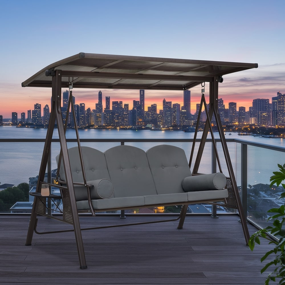 Outdoor 3-Seat Porch Swing with Adjustable Canopy & Cup Holder,Porch Swing Glider Chair, Heavy-Duty Steel Frame