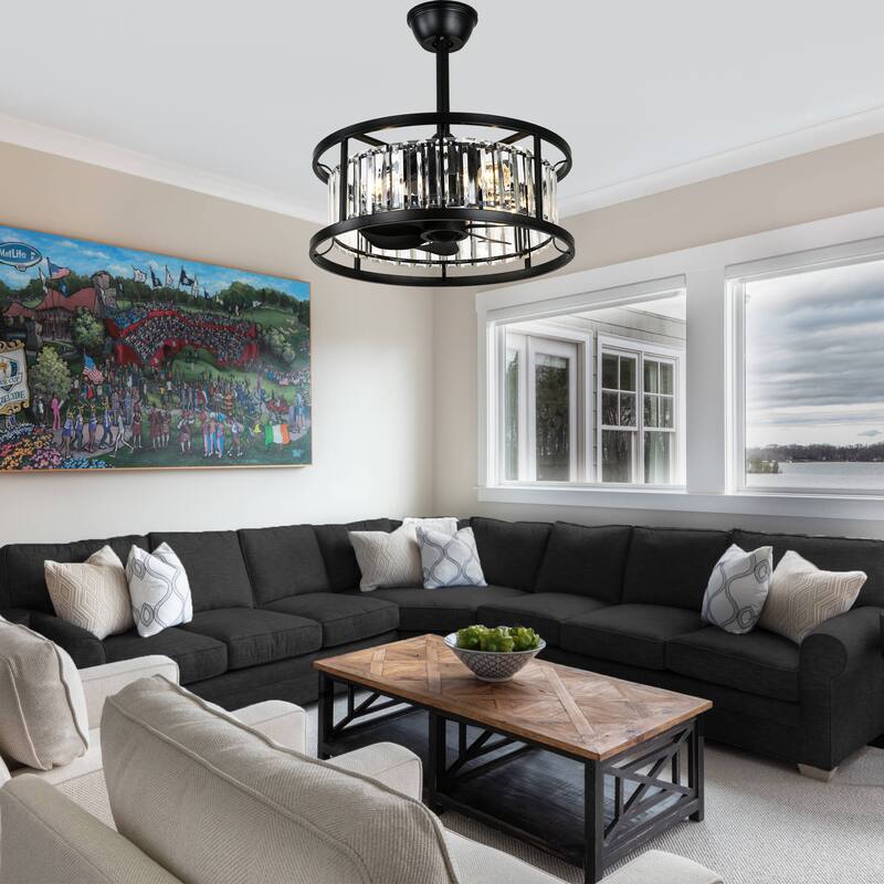 Cusp Barn 20" Black Crystal Caged Ceiling Fan with Light and Remote, Modern 8-Blade Fandelier, DC Motor Reversible Ceiling Fan