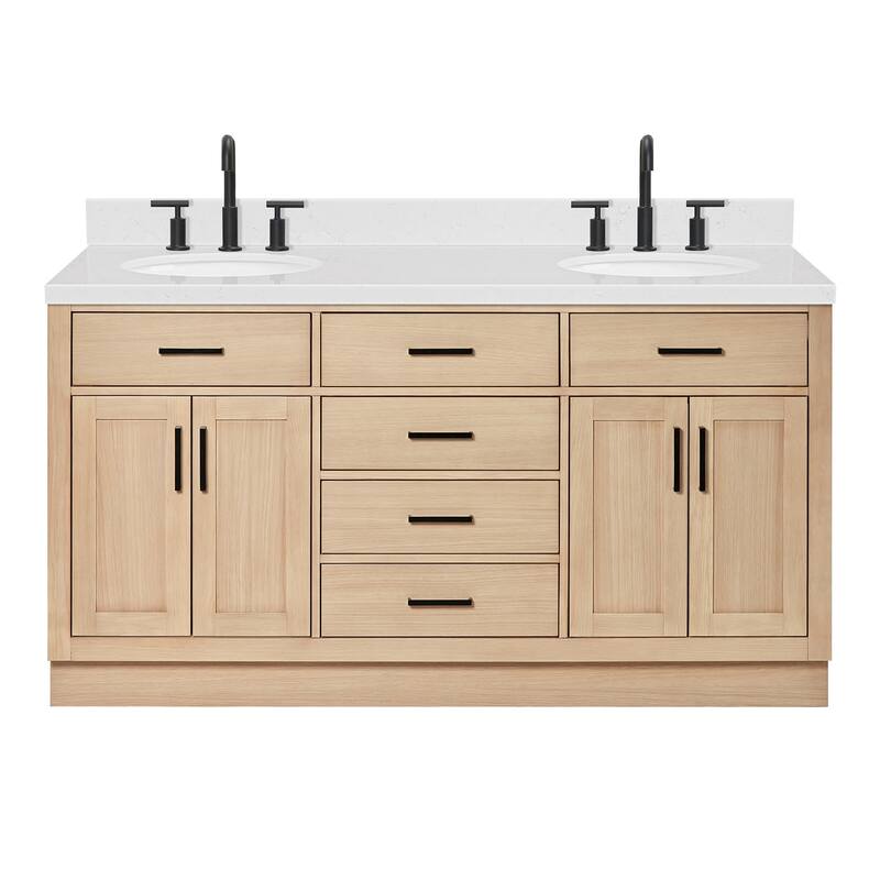 Ariel T066DCQOVO Hepburn 67" Free Standing Double Basin Vanity Set - Oak / Carrara White Quartz Top / Matte Black
