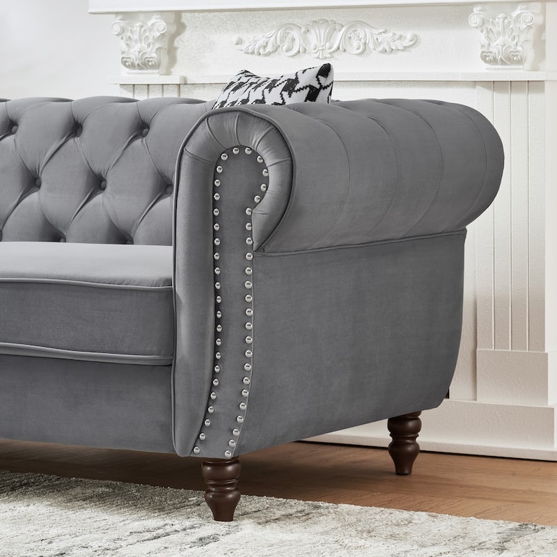 87"Chesterfield ‌Velvet Upholstery Fabric Sofa With Roll Armrest & Nailhead,Upholstered Modern Couch,3 Seater Couch