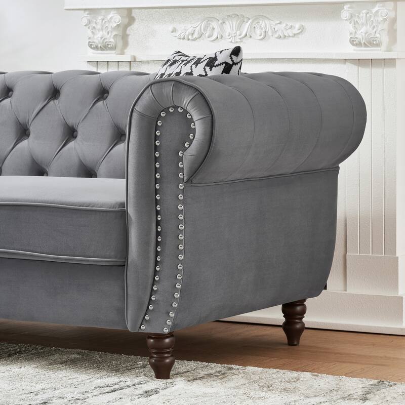 Roomfitters 87" Classic Chesterfield Upholstered Sofa with Scrolled Arms and Nailhead Trim, Button Back Living Room Couch