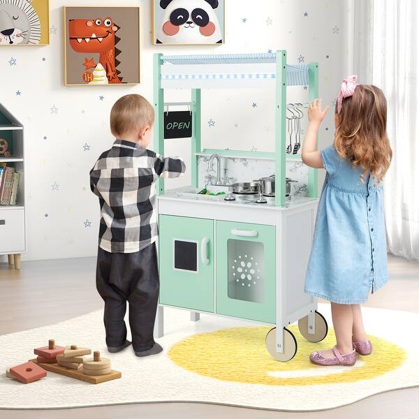 slide 2 of 9, Double-sided Pretend Play Kitchen with Remote Control and LED Light Bars-Green - 27.5" x 15.5" x 47" Green