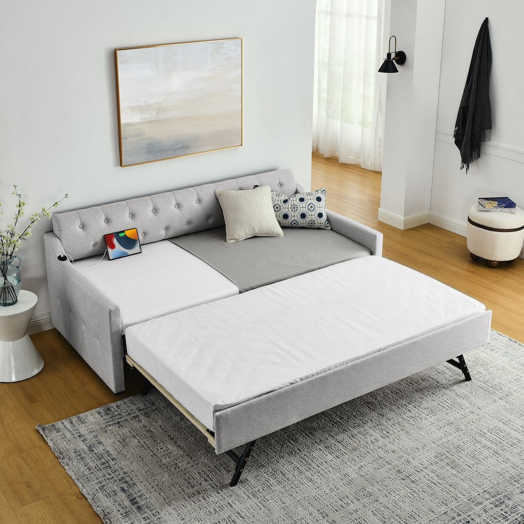Twin Size Sofa Bed Upholstery DayBed with Button Tufted Back and Erectable Trundle, DayBed Frame with USB Charging Linen Fabric