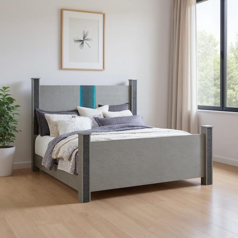 HomeRoots Silver Wood And Faux Crystals Lighted Full Four Poster Bed Frame - Full