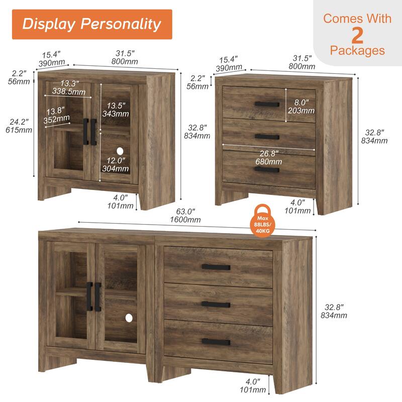 WAMPAT Farmhouse Buffet Cabinet, 2-Piece Sideboard with Glass Door & Storage Drawers for Kitchen