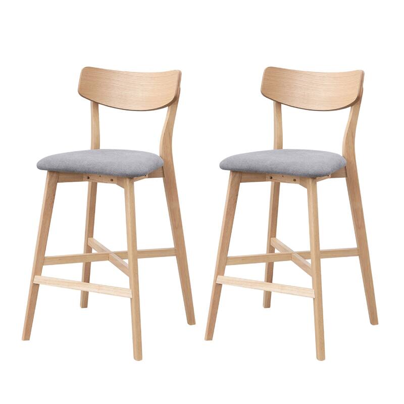 2-Piece Bar Chair Set, Solid Rubber Wood Frame, Upholstered Counter Stools with Footrest - Oak
