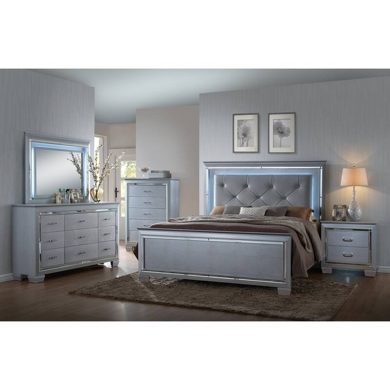 Modern Glam 1pc Solid Wood Nightstand w/ Built-in Light & Silver Crocodile Finish for Bedroom