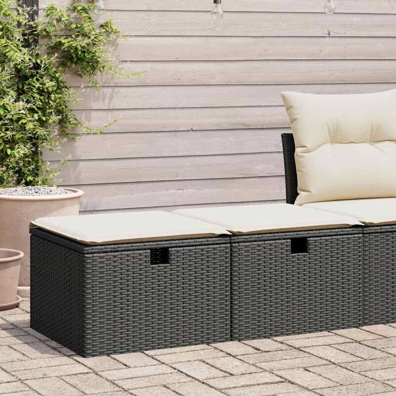 vidaXL Patio Sofa Set with Cushions Storage Stools 2 Piece Poly Rattan Acacia - 21.7 x 21.7 x 14.6 - Black and cream Standard