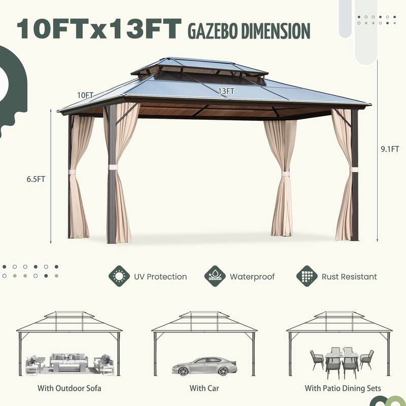 Hardtop Gazebo for Patio,Permanent Outdoor Pergola with Double Roof & Aluminum Frame & Netting & Curtains,Ideal for lawn,yard