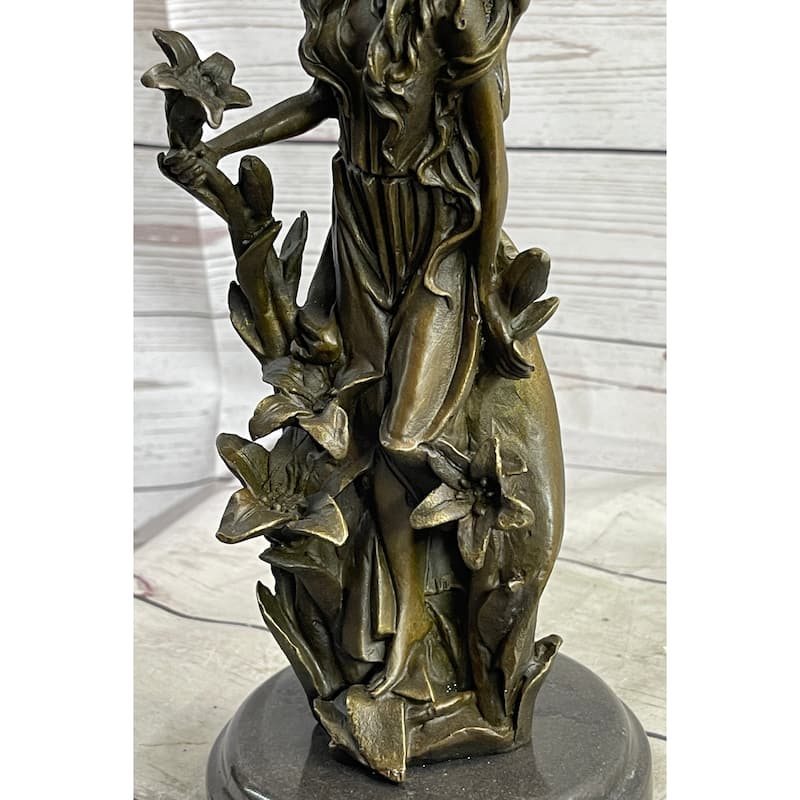 Nymph Girl Among The Flowers Bronze Sculpture Statue Figure On Marble Base