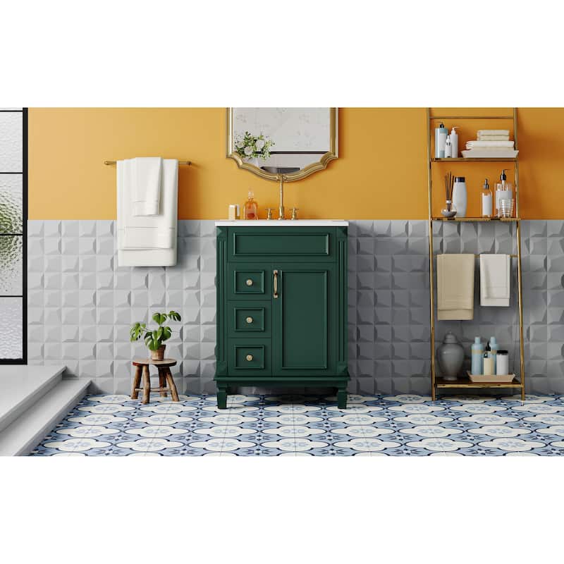 24" Bathroom Vanity With Ceramic Sink, Small Bathroom Sink Cabinet, Modern Cabinet With 2 Drawers And Adjustable Shelf