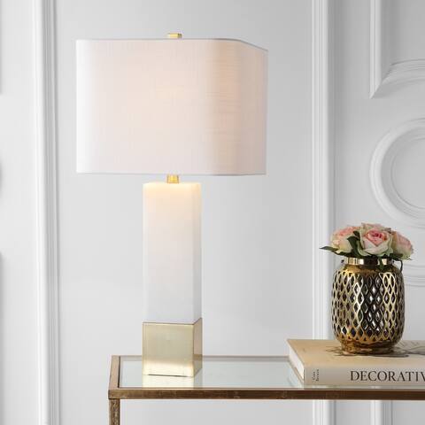 Jeffrey 29" Metal/Marble LED Table Lamp, Brass Gold/White by JONATHAN Y