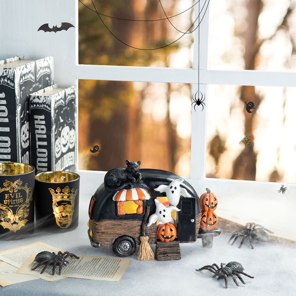 Glitzhome 9.25''L Halloween Polyresin Lighted Camper with Ghost & Pumpkin & Black Cat Table Decor