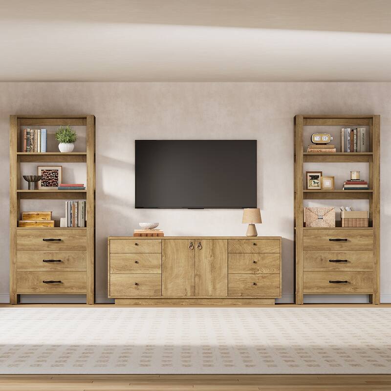 Modern 4-tier Tall Bookcase with Drawers and Open Display Shelf - 13.78" D x 31.5" W x 70.9" H