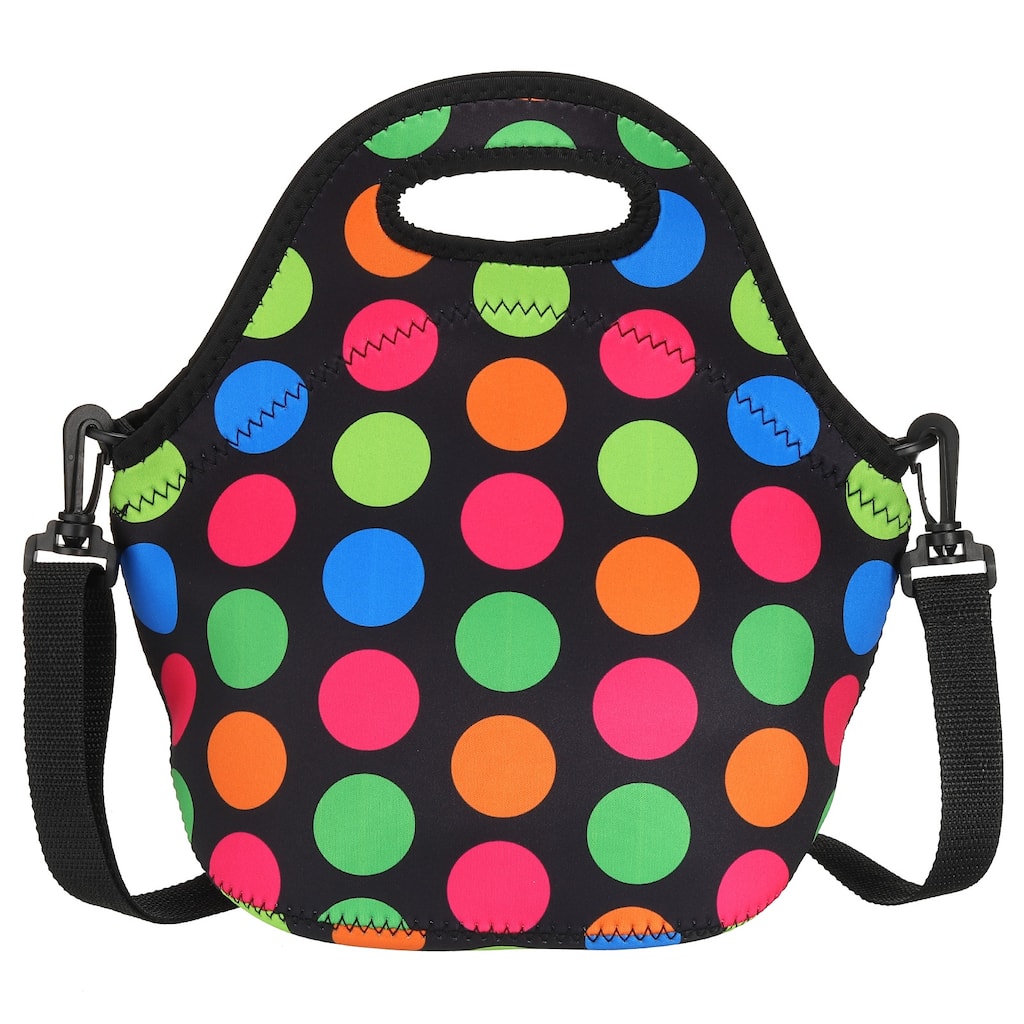 Neoprene Lunch Tote Bag with Shoulder Strap, Large Multicolor Circle Pattern - Multicolor Circle Pattern