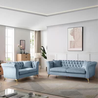 Tufted Chesterfield Sofa and Loveseat with Flared Arm and Golden Legs, 4pc Pillows Included