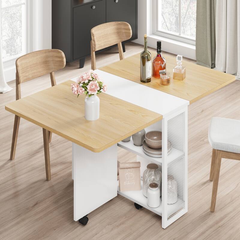 Folding Dining Table with 2 Tier Storage - Beige