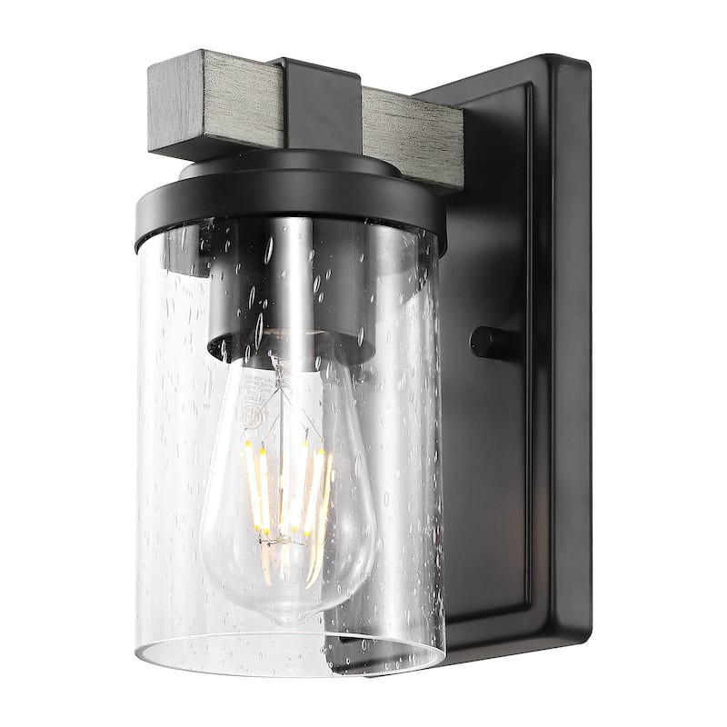 Ferme Iron/Seeded Glass Rustic LED Vanity Light, by JONATHAN Y - 1-Light - Black/Gray Oak Wood Finish