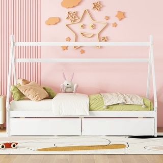 Twin Size Low House Bed with Two Drawers, Modern Wooden Platform Bed Frame with Storage for Kids, Teens, Boys, Girls, White