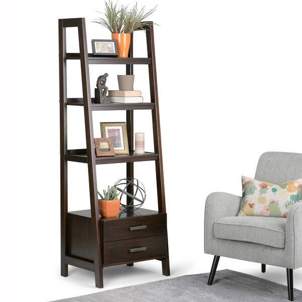 Wyndenhall Hawkins Solid Wood 72 Inch X 24 Inch Modern Industrial Ladder Shelf With Storage 24 W X 20 D X 72 H Overstock 13815121 Distressed Grey All you need is some leftover this builder used a miter saw, wood screws, power drill, old drawers, plywood, and a few coats of paint.