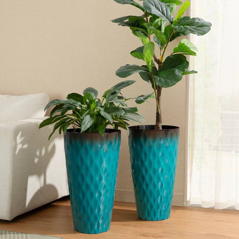 Glitzhome 23.75"H Set of 2 Oversized Wavy Texture Cobalt Blue/Turquoise/Red Tall Plastic Planter