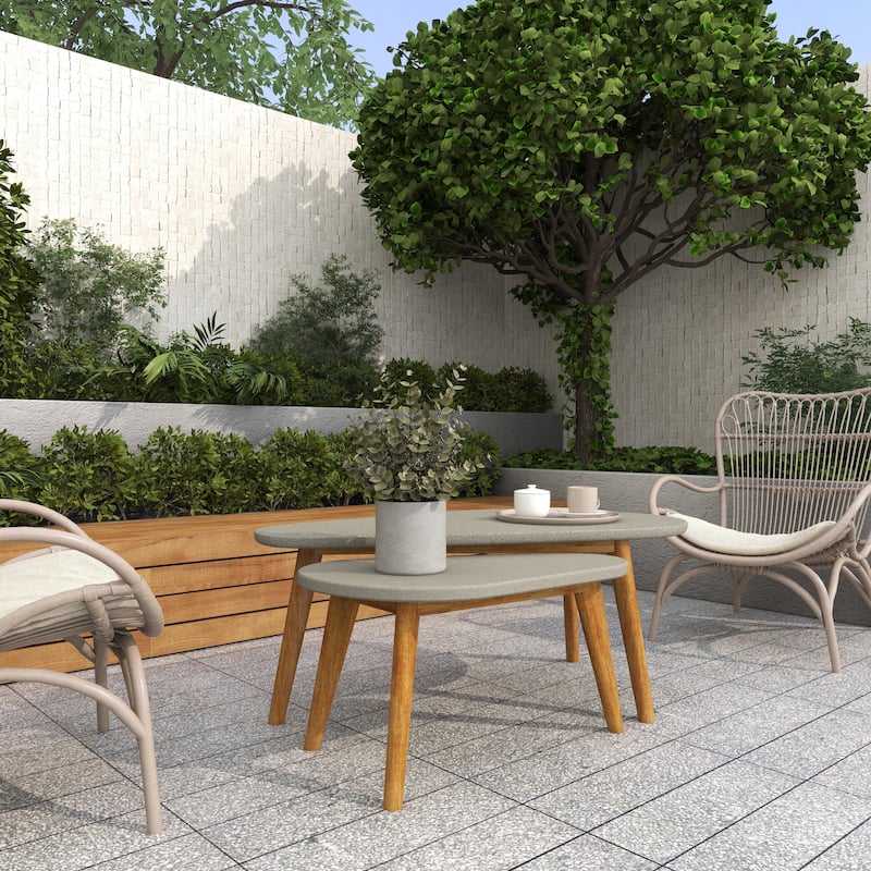 Gray Concrete Inspired Oval End Table Outdoor Accent Table with Brown Tapered Wood Legs