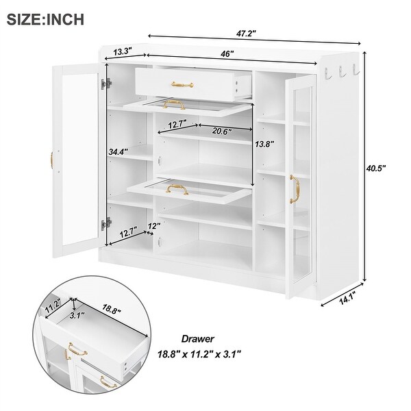 Modernist Shoe Rack with 4 Glass Doors & 3 Hooks, Adjustable