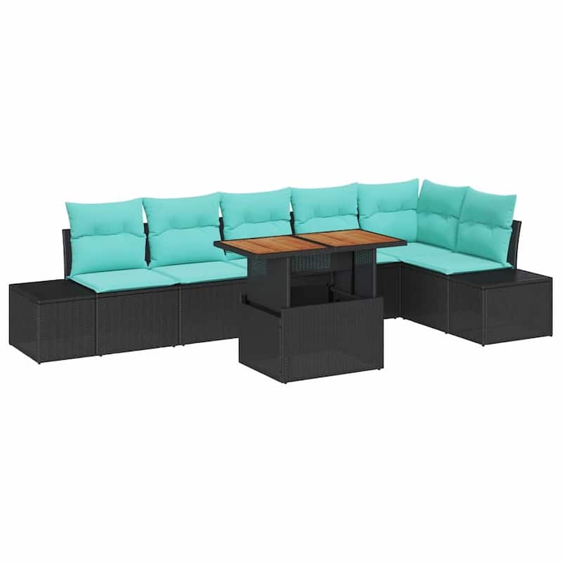 vidaXL 7 Garden Sofa Set with Cushions Black/Grey Poly Rattan - 125.6 x 60.6 x 27.2