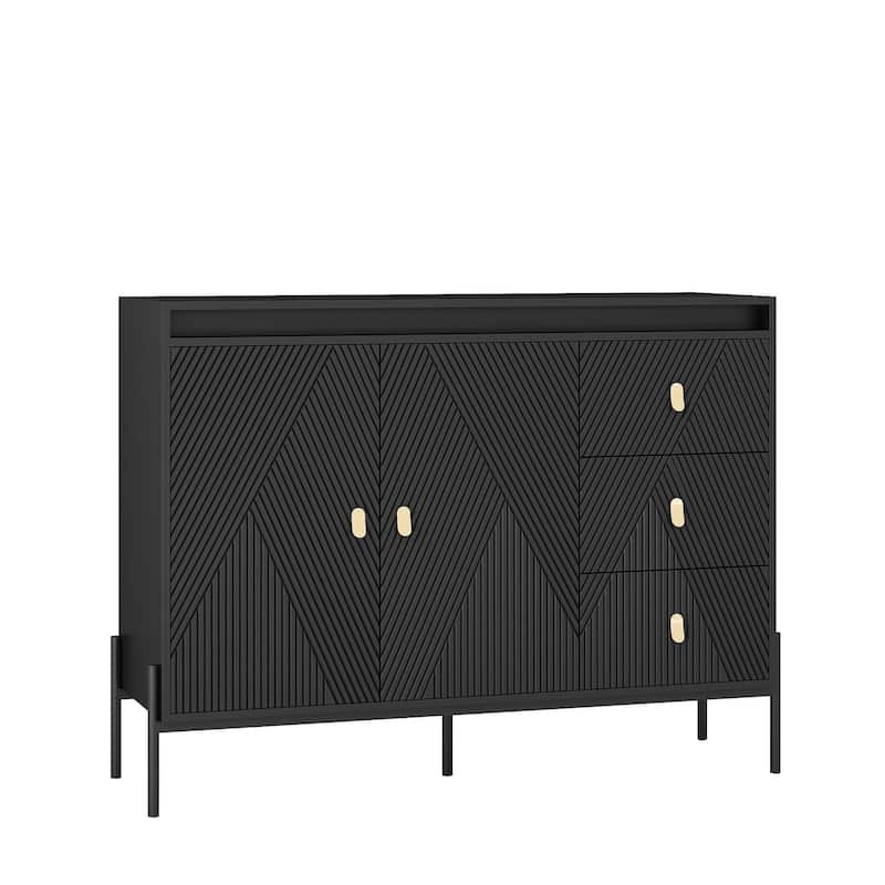 Fluted Sideboard Cabinet with LED Lights, 2 Doors & 3 Drawers, Black Buffet/Sideboard - 3 Doors + 3 Drawers