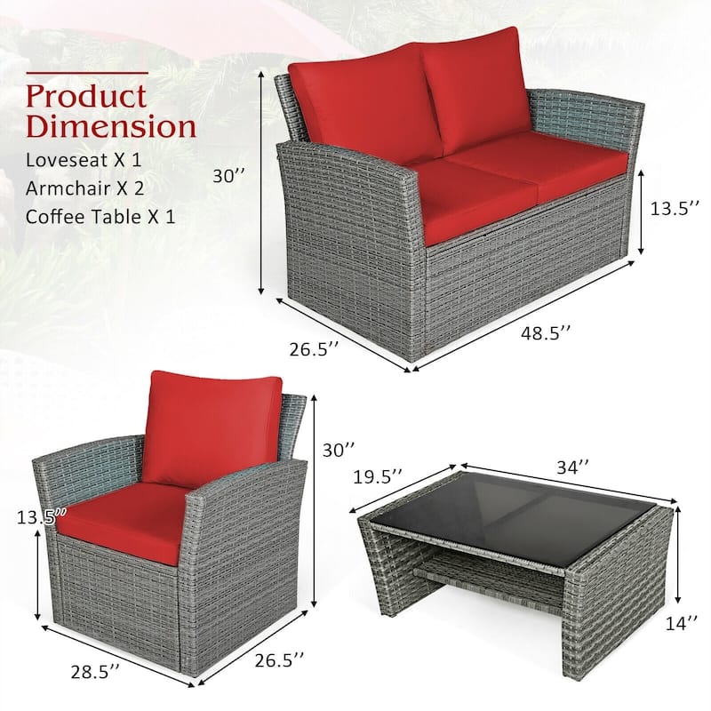 4 Pieces Patio Rattan Furniture Set Sofa Table with Storage Shelf Cushion - 48.5" x 26.5" x 30" (L x W x H)