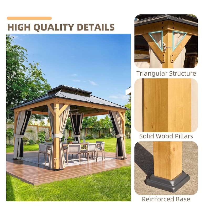 EROMMY Outdoor Wood Gazebo with Double Polycarbonate Roof, Heavy Duty Backyard Patio Pergola Canopy for Garden Shade