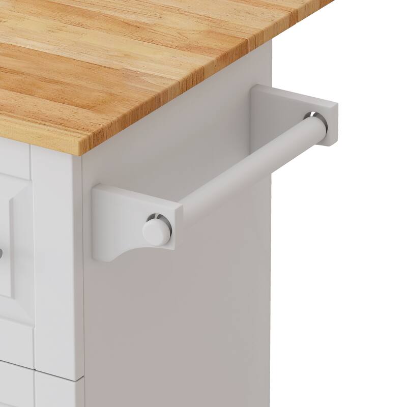 Modern Kitchen Island with 2 Door Cabinet, 3 Drawers, Expandable Desktop Spice Rack and Towel Rack, for Kitchen, White