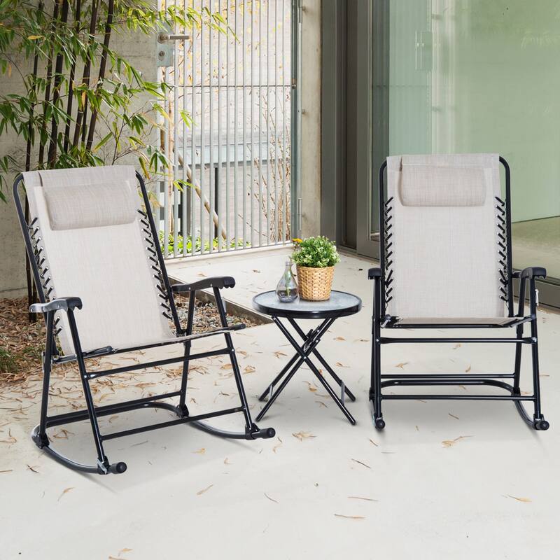 3 Piece Outdoor Rocking Chair Set, Patio Folding Lawn Rocker Set with Glass Coffee Table, Headrests for Yard, Patio, Dec