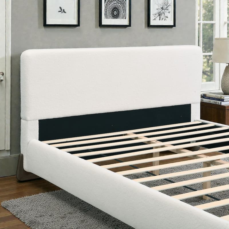 Boucle Upholstered Bed with Solid Wood Legs, Modern Queen/King Platform Bed, Soft Fabric Bedroom Centerpiece