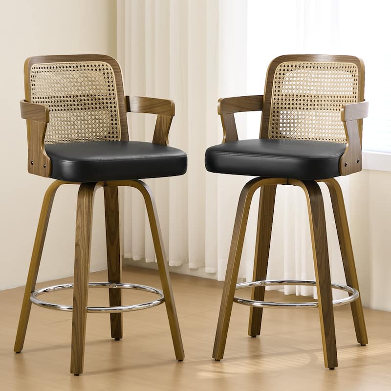 Upholstered Wood Swivel Counter Height Barstool with Arms - 37.8"H x 18.7"W x 19.29"D - Set of 2 - Black-Rattan Back